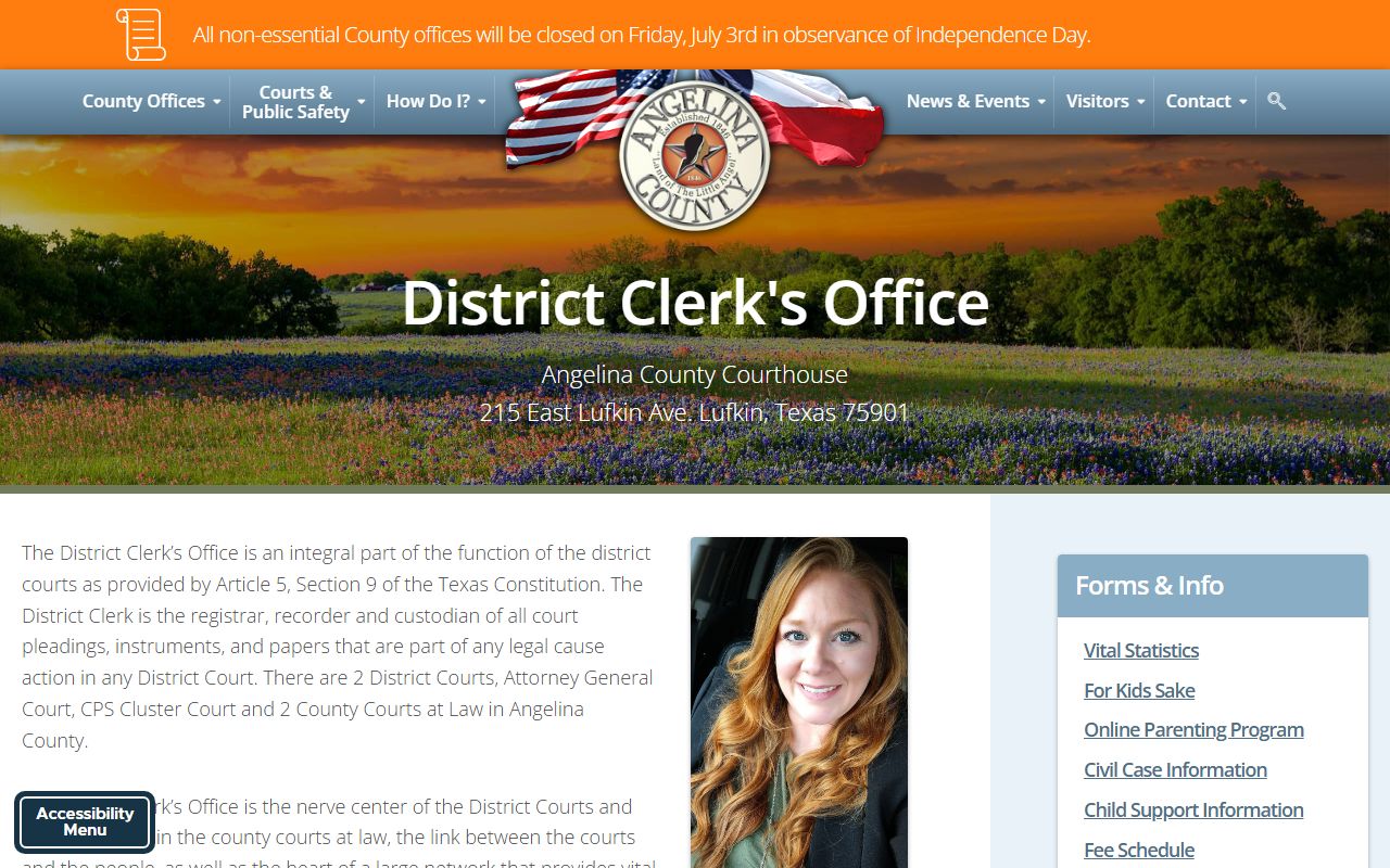 Angelina County District Clerk duties and iDocket court record access