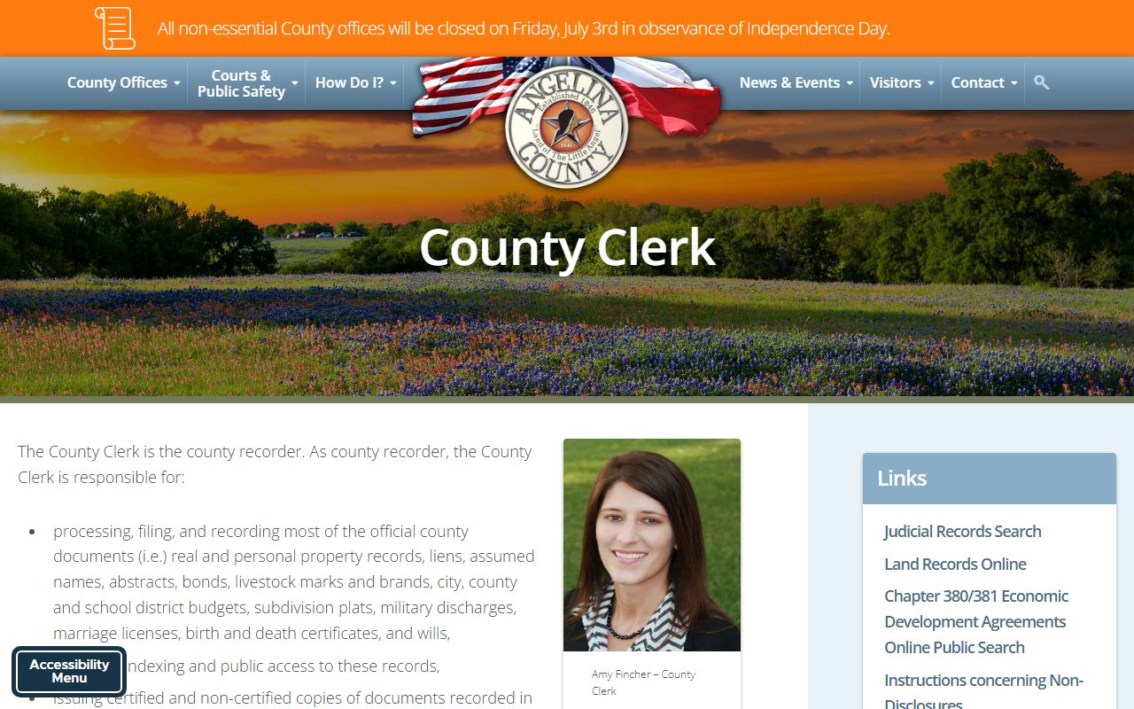 Angelina County Clerk court support and background-search notice