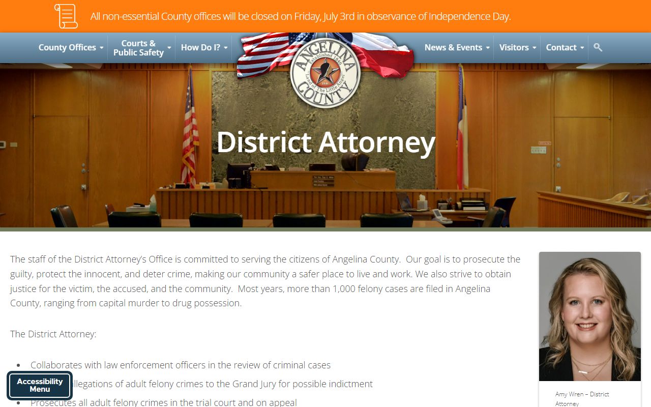 Angelina County District Attorney page for felony prosecution and grand jury duties