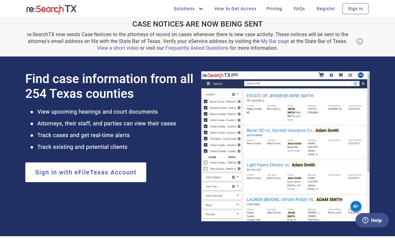 re:SearchTX statewide Texas court case search landing page