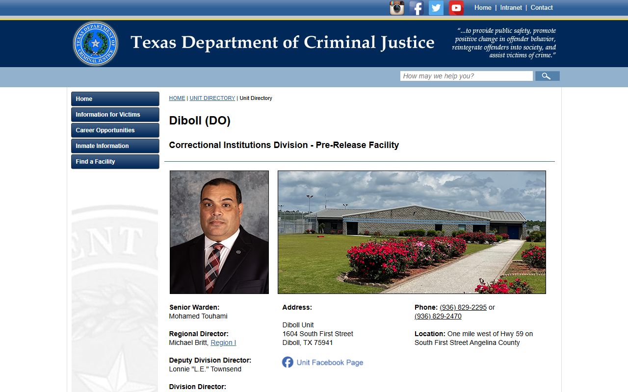 Diboll Unit TDCJ directory page with inmate capacity and program details