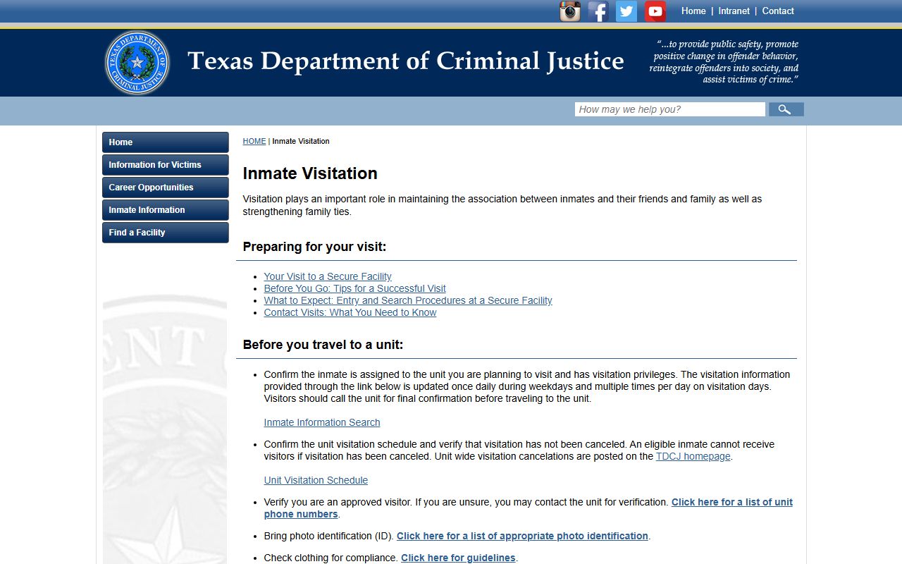 TDCJ visitation information for Diboll Unit state prison inmates