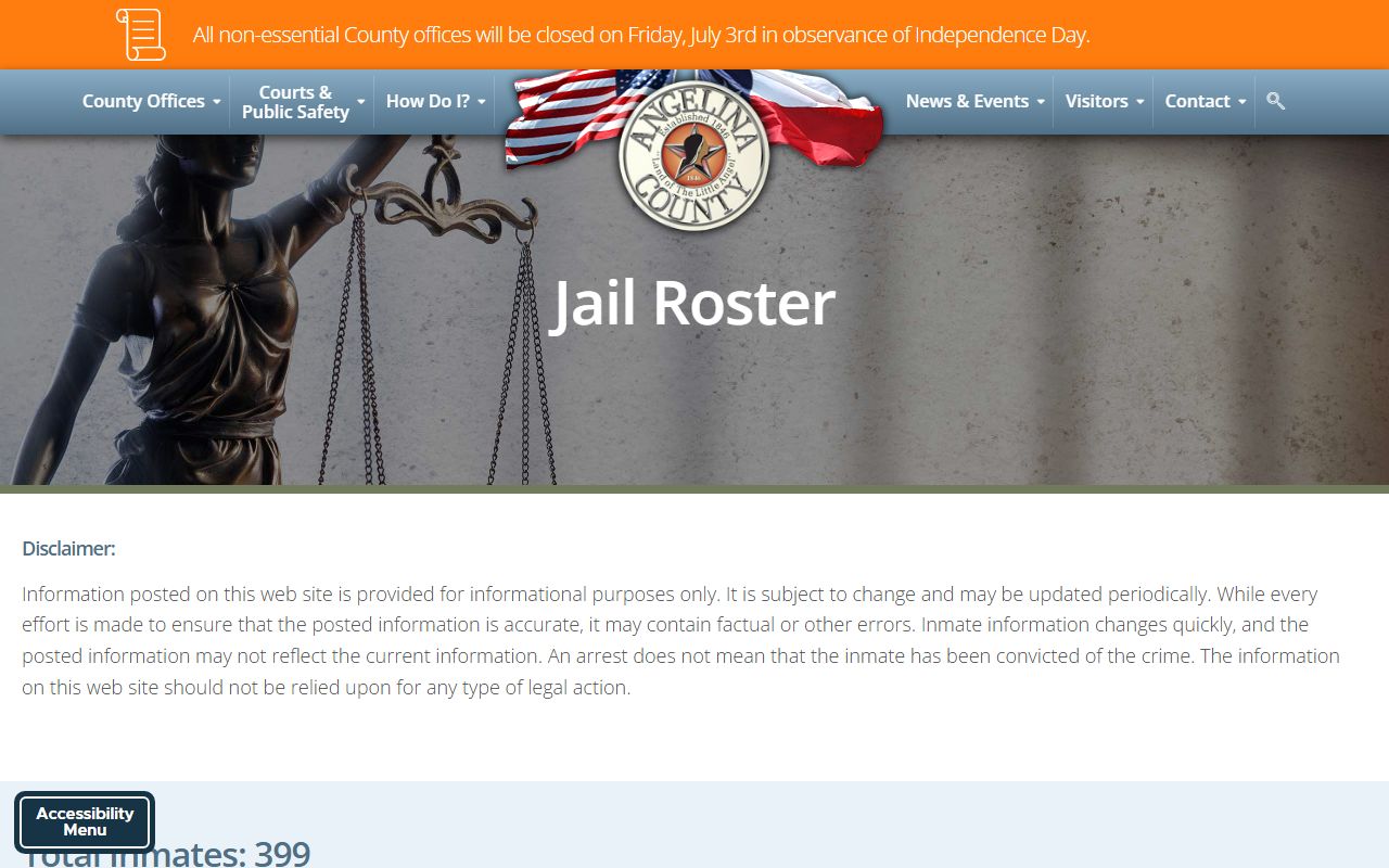 Angelina County jail roster table with current inmate rows