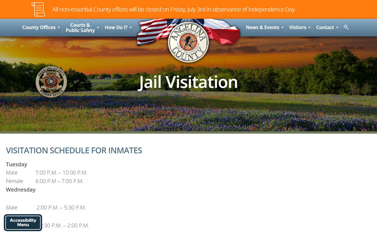 Angelina County jail visitation schedule and rules