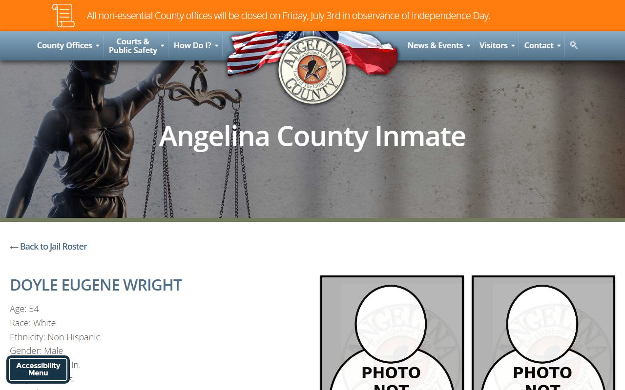 Angelina County inmate profile showing booking photo fields and charge table