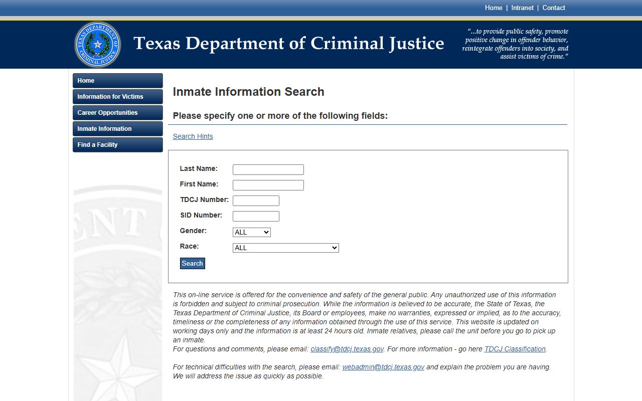 TDCJ inmate search fields for Rufus H. Duncan Geriatric Facility custody search