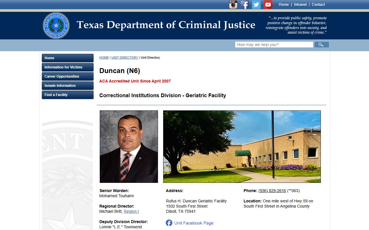 Rufus H. Duncan Geriatric Facility TDCJ directory page with custody and medical details